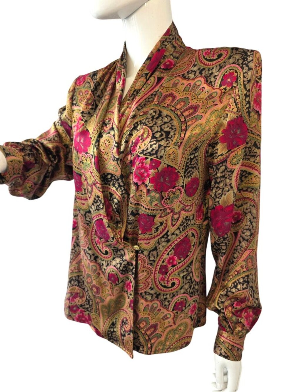 Vintage Jerri Sherman Silk Paisley Blouse Sz 12 Boho Bronze/Gold Statement Top